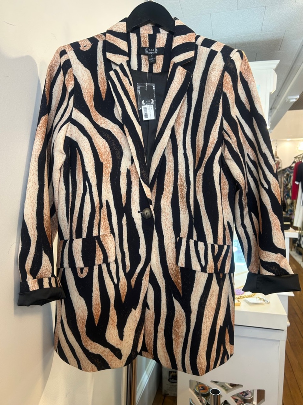 AZI Zebra-Print Blazer Jacket in Black and Tan